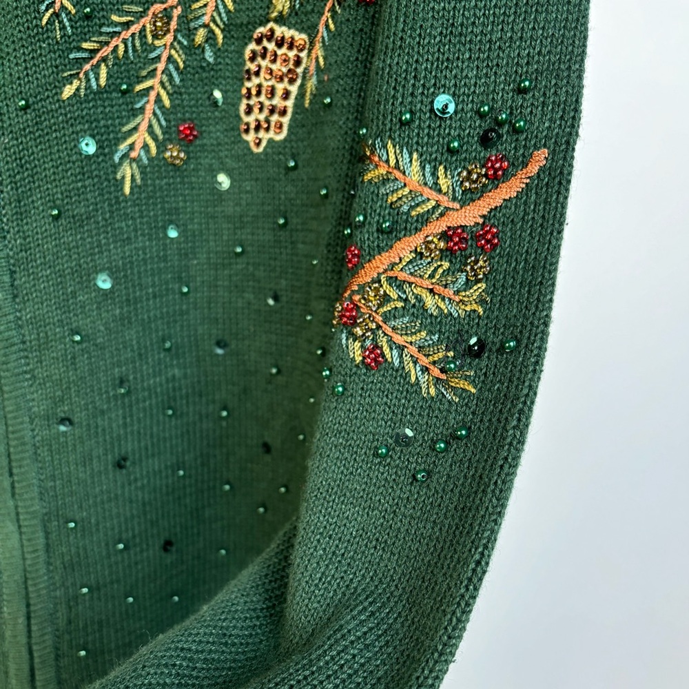 VTG Cardinal Winter Holiday Christmas Sweater Zip-up Cardigan Beaded Sequins Med - Picture 7 of 14